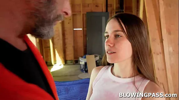 Teen Sia Wood is bored, she goes to the kitchen and starts flirting with the old handyman. The guy gets hard, he sucks her tits then fucks her face.