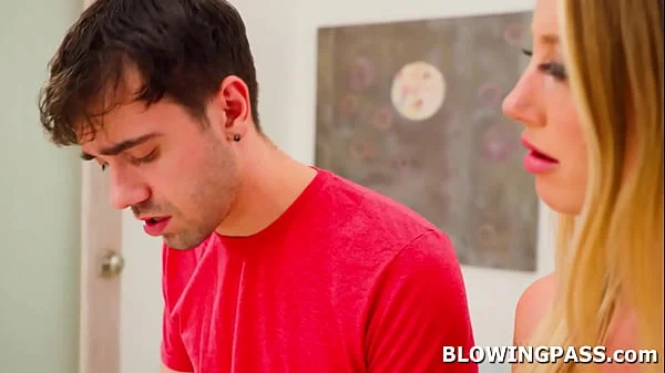 Blonde stepmom Barbie Feels will do anything for her stepson.The guy is sucking the milfs big tits before she goes down deepthroating his big cock.