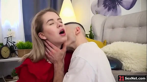 Guy takes his teen girlfriend home to have sex.He sucks her small tits then licks and fingers her.The blonde babe blowjobs him then gets ass fucked