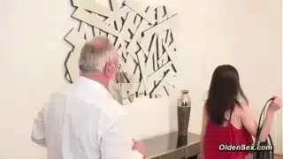 Old renter Attila The Hun presenting his apartment to sexy brunette skinny babe Lullu Gun then seducing her and fucking her trimmed pussy