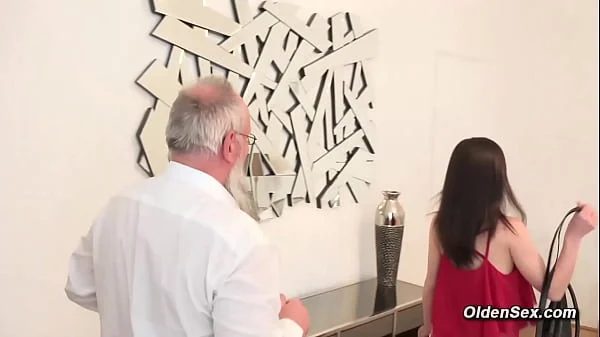 Old renter Attila The Hun presenting his apartment to sexy brunette skinny babe Lullu Gun then seducing her and fucking her trimmed pussy