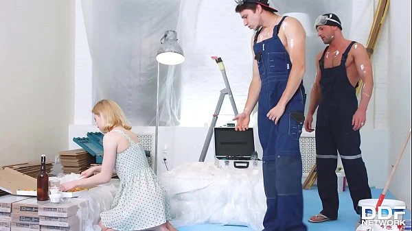 Two big veiny cocks crammed into teen Via Lasciva’s tight shaved pussy & butthole