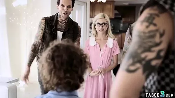 Tiny titted petite babe fucked a gang to protect her BF